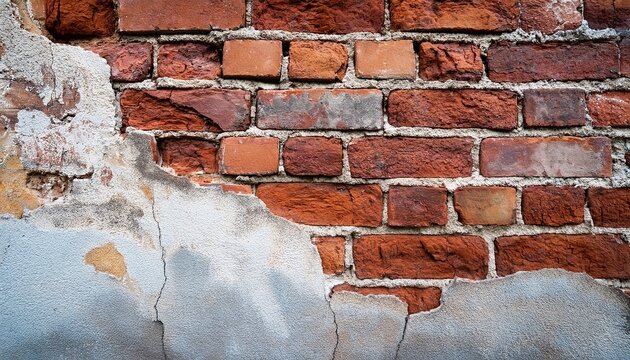 close up of a weathered brick wall with crumbling plaster showing the red bricks underneath it - Powered by Adobe