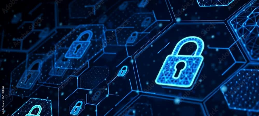 Poster abstract digital security background with hexagonal patterns and padlock icons, symbolizing network 