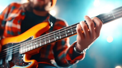 Obraz premium A close-up shot of a musician passionately playing a bass guitar on stage, showcasing the energy and creativity of live music in vibrant, colorful lights.