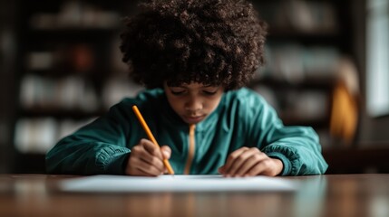A young boy with curly hair sits at a table in a library, deeply focused on writing on a sheet of paper, surrounded by books, embodying concentration and creativity.