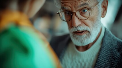 An elderly man with a white beard and glasses looks on with curiosity, emphasizing the theme of wisdom and reflection in human connections and meaningful conversations.