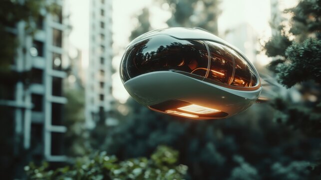 A sleek, futuristic flying pod hovers gracefully among lush green trees, embodying a blend of technology and nature in a visionary representation of future travel.