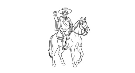 Fototapeta premium Coloring page of a chilean huaso on horseback with traditional clothing and hat outline on transparent background