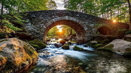 Stone arch bridge over a flowing stream at sunset. Lush greenery surrounds