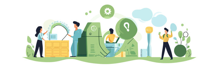 Fototapeta premium circular economy concept illustration with people working on renewable resources green energy innovation sustainability flat vector