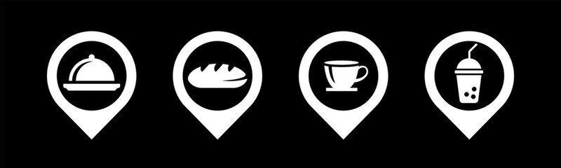 Food, Bread, Coffee and Juice icon set illustration vector.In black and white color. Food, Bread, Coffee and Juice with location sign and symbol.