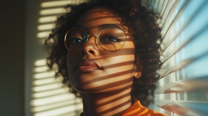 A thoughtful woman gazes out, framed by blinds, as shadows dance on her face, highlighting her contemplative expression and the interplay of light in a cozy indoor setting.