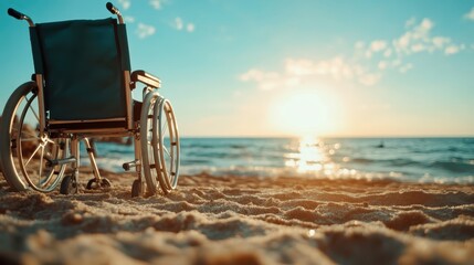 A wheelchair is positioned on a sandy beach, facing a stunning sunset over the ocean, representing freedom, hope, and the beauty of life despite challenges.