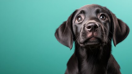 A close-up of a black Labrador puppy with big, soulful eyes and an innocent expression, against a solid turquoise background, embodying cuteness and curiosity.