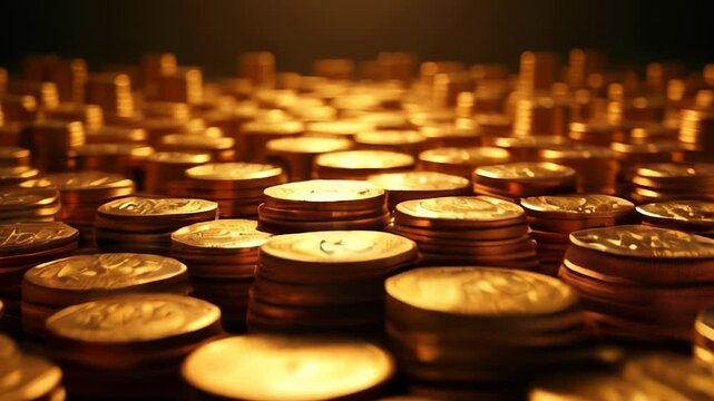 Rows of stacked coins reflect warm golden light, creating an enticing pattern. The scene highlights the beauty and texture of the coins in a low-light environment.