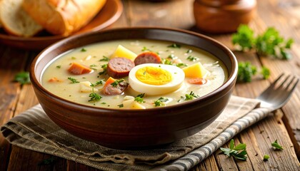 Delicious Polish urek Soup with Rustic Food.