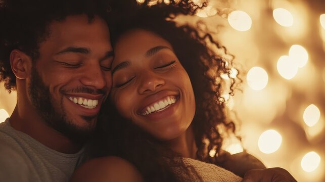 A joyful couple smiles while embracing each other, illuminated by warm, soft lights in the background, encapsulating love and happiness in a romantic atmosphere. - Powered by Adobe