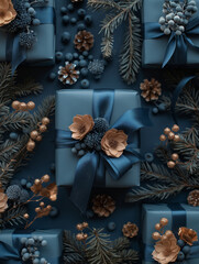 Rich moody tones emphasize elegant navy gift boxes with floral and pine accents for luxury winter themes