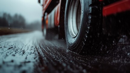 A close-up view of a truck's tire treads encounters rain-soaked asphalt, highlighting the raw power and mobility required for traversing challenging weather conditions.