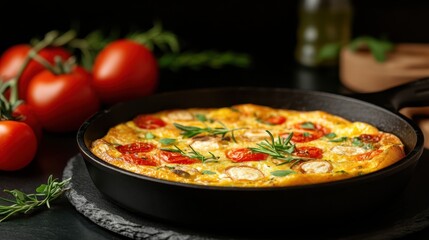 A vibrant vegetarian frittata cooked with fresh tomatoes and garnished with herbs, showcasing the delightful colors and textures that appeal to food enthusiasts and home chefs.