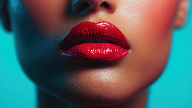 An artistic close-up showcases a pair of glossy red lips reflecting light beautifully, emblematic of glamour, confidence, and the allure of beauty.