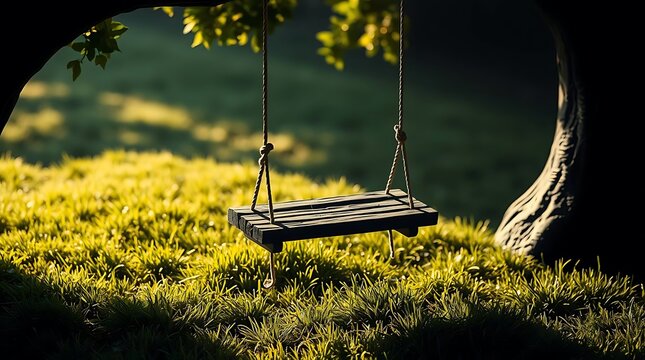 Rustic wooden swing hanging from tree in sunny meadow