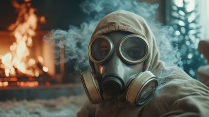 A person wearing a gas mask is captured in a dramatic setting filled with smoke and fire, portraying themes of survival and resilience amidst chaos and uncertainty.