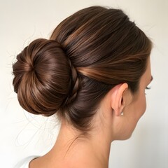 Fototapeta premium Woman with Neat Elegant Hair Bun Hairstyle Close Up