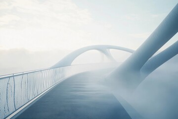 Modern pedestrian bridge fading into dense fog