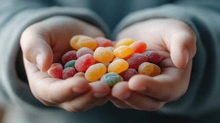 A close-up of colorful jelly beans held in two hands, expressing a sense of joy and delight, inviting you to taste the vibrant assortment of sweet treats.