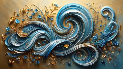 Whimsical Blue and Gold Swirls Abstract Floral Art