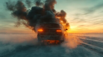 Fototapeta premium A car emits smoke against a stunning sunset backdrop, portraying the juxtaposition of nature’s beauty with the harsh realities of environmental impact and modern driving.