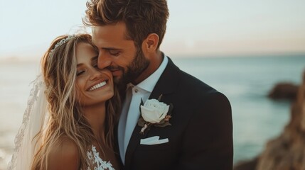 A couple shares a joyful moment on a beach during their wedding, framed by the serene ocean and sunset, symbolizing love, commitment, and timeless companionship.