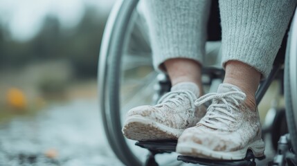 A close-up view of a person’s feet in a wheelchair, showcasing comfortable athletic shoes, emphasizing mobility and accessibility in everyday life with a personal touch.