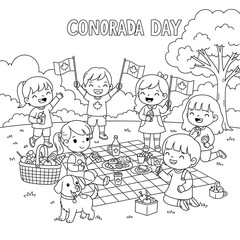 Fototapeta premium Canada day coloring page for kids, summer picnic scene with children and a dog outline on transparent background