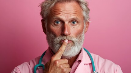 A senior male doctor, with a thoughtful expression, raises a finger to his lips against a pink backdrop, conveying a sense of wisdom and contemplation in his demeanor.