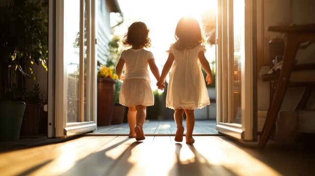 Two little girls joyfully hold hands while walking towards sunlight streaming through an open doorway, symbolizing innocence, friendship, and the beginning of new adventures.