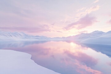 Frozen lake surrounded by smooth white snow