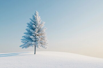 Single pine tree covered in snow standing on hill
