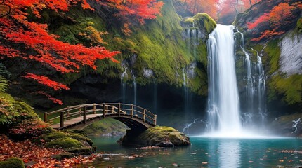Vibrant autumn waterfall scene with a small bridge crossing a crystal clear pool