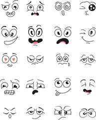 Hand-drawn doodle cartoon faces with various emotional expressions such as love, sadness, anger, confusion, and happiness. A large set of expressive comic-style eyes and mouths, perfect for emoji 