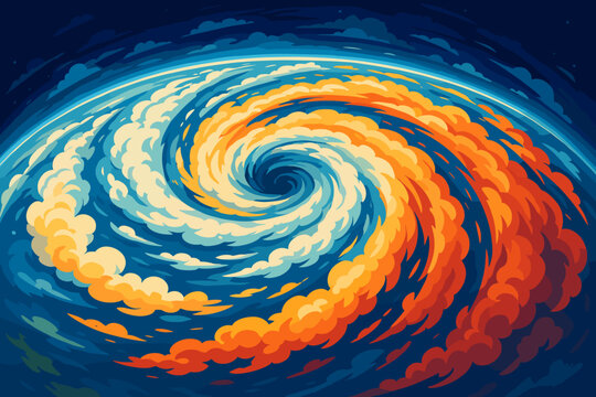 Hurricane storm from space, aerial view of a powerful cyclone over planet Earth. Vector cartoon illustration of a massive typhoon vortex. Meteorology and weather concept.