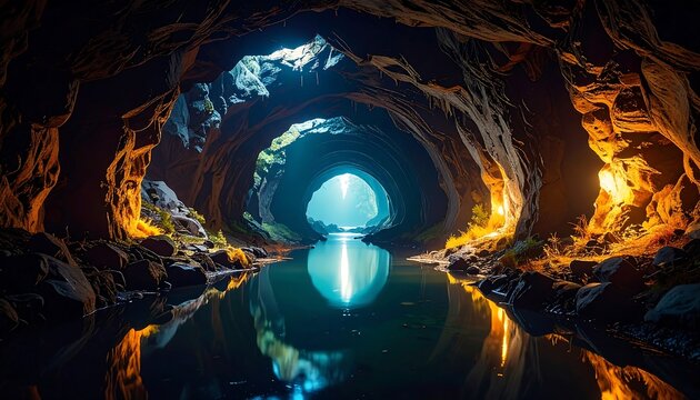 Cave Entrance with River Reflection.