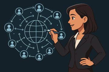 Businesswoman drawing global network connections on a futuristic interface. Vector concept of customer data exchange, marketing strategy, communication technology, and social media.