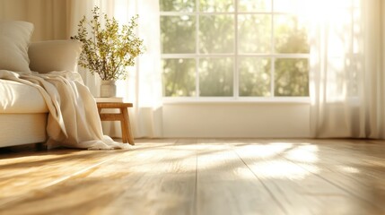 Fototapeta premium A bright, sunlit living room featuring a comfortable sofa, a wooden table, and a vase filled with fresh flowers, all contributing to a warm and inviting atmosphere.