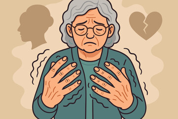 Senior Woman Hands Showing Parkinson’s Disease Tremors, Elderly Health Care Concept, Aging Disorder, Shaking, Mental Health, Neurology, Emotional Stress. Vector Cartoon Illustration