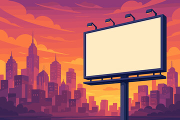 Blank billboard advertising space in modern city skyline at sunset. Urban outdoor marketing mockup, empty signage for creative ads, warm orange evening sky. Vector illustration, commercial concept