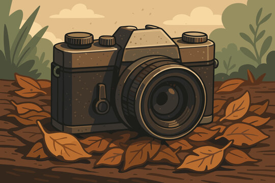 Dusty vintage film camera resting on dry autumn leaves and wooden surface in serene natural outdoor setting. Retro analog photography equipment, classic hobby exploration, vector cartoon illustration.