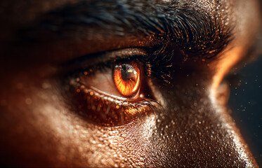 Extreme Close-Up Human Eye Glowing Amber-Orange Iris Reflections Dark Skin Cinematic Lighting Editorial Portrait