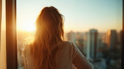A contemplative woman gazes out the window at a breathtaking sunset, symbolizing reflection and serenity, as city life continues beyond her tranquil moment.