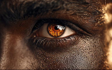 Extreme Close-Up Human Eye Glowing Amber-Orange Iris Reflections Dark Skin Cinematic Lighting Editorial Portrait
