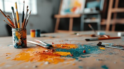 Fototapeta premium An artistic workspace showcasing a vibrant palette surrounded by colorful brushes and paints, inviting creativity and expression in a raw and inspiring environment.
