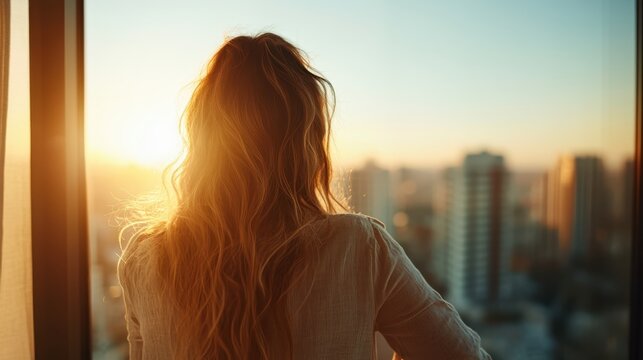 A contemplative woman gazes out the window at a breathtaking sunset, symbolizing reflection and serenity, as city life continues beyond her tranquil moment. - Powered by Adobe