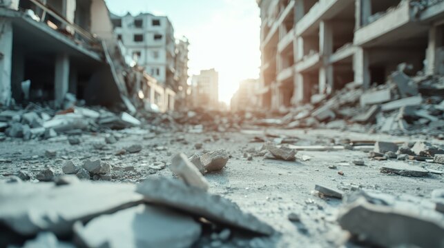 A haunting view of a ruined city, where debris and rubble dominate the landscape, reflecting the aftermath of destruction and evoking emotions of loss and resilience.