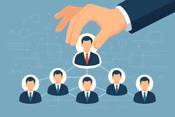 HR recruitment hand selecting business leader candidate, human resources hiring process, job interview, talent acquisition, management team, leadership choice, digital network, vector illustration